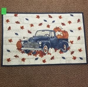 Autumn Fall Farmhouse Country Blue Truck with leaves rug